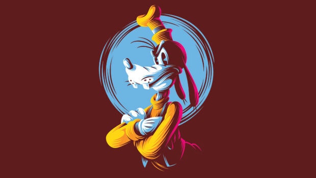 Goofy character illustration with crossed arms and a blue circular background