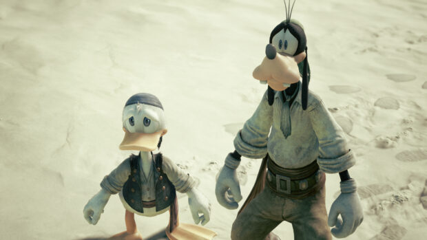 Goofy character standing on sandy ground with a duck pirate in detailed costume