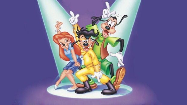 Goofy and friends posing under spotlights in a vibrant scene with bright purple background