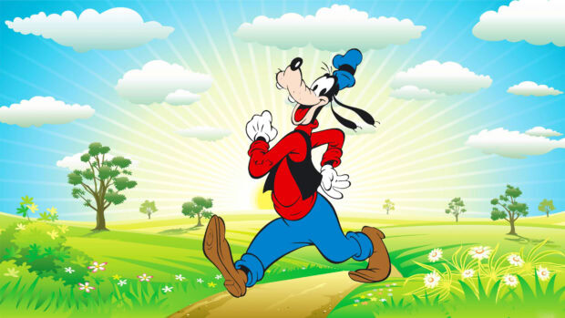 Goofy character walking happily on a sunny green field with flowers and trees in the background