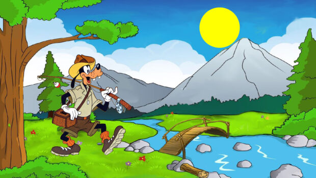 Goofy walking with fishing gear in a scenic mountain landscape with a river and wooden bridge