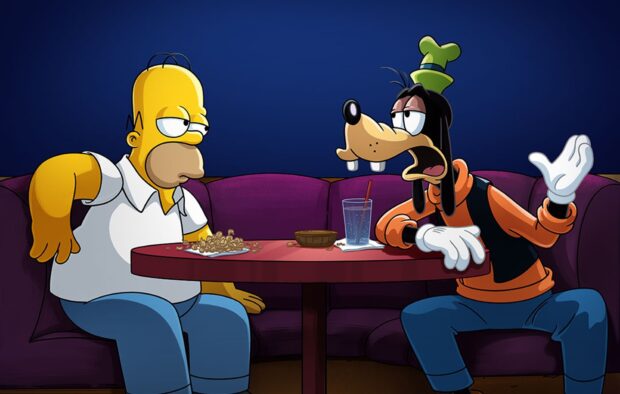 Goofy sitting at a table talking to a character resembling Homer in a cartoon scene