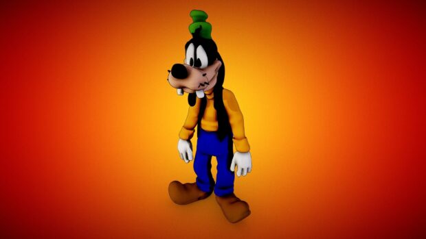Goofy character standing on an orange background with a green hat and blue pants