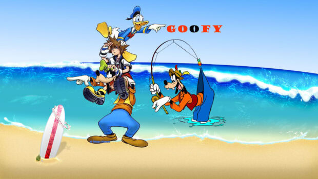 Goofy character standing on the beach with friends and fishing in the ocean scene