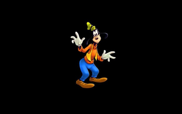 Goofy character standing with hands raised in a playful pose on a black background