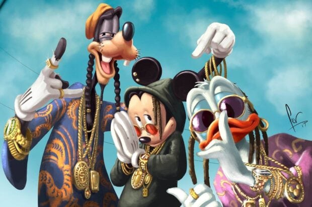 Goofy dressed in hip hop style with Mickey Mouse and Donald Duck wearing gold jewelry and sunglasses