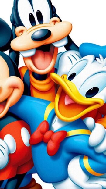 Goofy character smiling happily in a colorful cartoon scene with friends