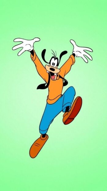 Goofy character jumping happily with bright green background and wearing casual clothes
