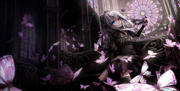 A gothic girl in a black dress surrounded by purple butterflies inside a cathedral with stained glass windows