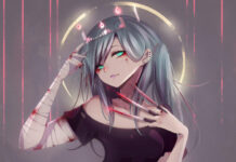 Girl with turquoise eyes and long hair wearing bandages and claw like nails in goth style