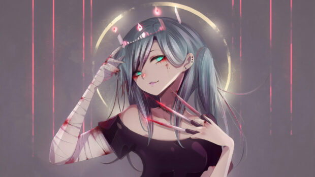 Girl with turquoise eyes and long hair wearing bandages and claw like nails in goth style