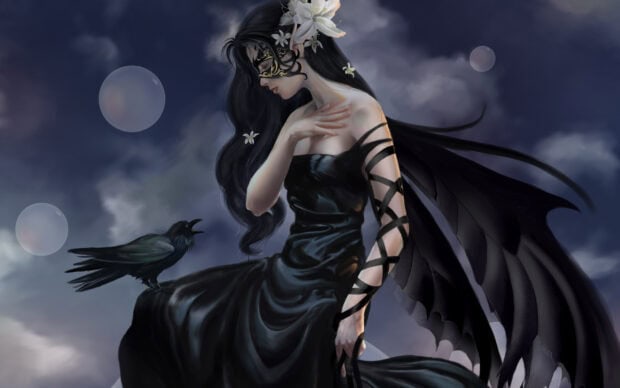 A goth girl with black wings and a decorative mask sitting with a raven under a cloudy night sky