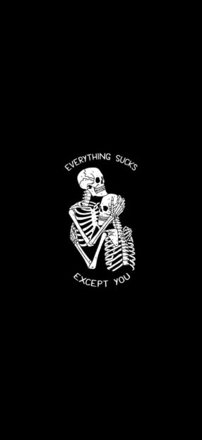 Two gothic skeletons embracing with the phrase everything sucks except you in dark style
