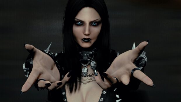 Dark goth character with piercing blue eyes and skull accessories reaching out