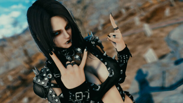 Goth girl with black hair and spiked leather outfit making rock hand signs in a desert setting