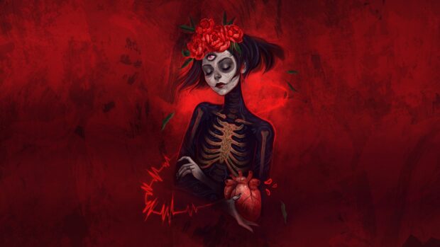 Gothic skeleton woman with a red rose crown holding a human heart against a dark red background