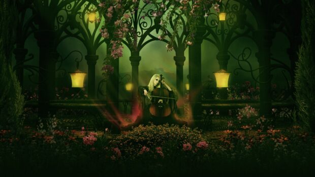 A goth woman playing cello surrounded by flowers and gothic arches in a mystical garden
