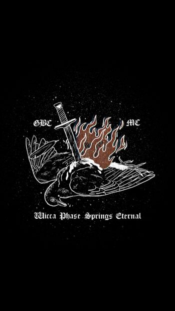 A goth design of a bird pierced by a sword with flames in the background on a black backdrop