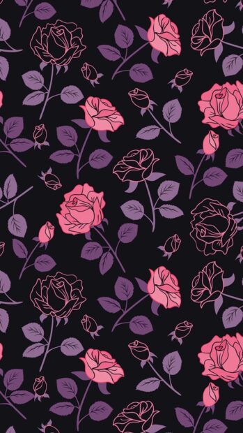 Dark pattern with pink roses and purple leaves in gothic style