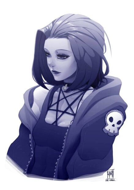 Goth character with a pentagram necklace and skull patch on her jacket in a dark style