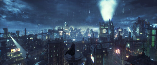 Gotham skyline with Batman overlooking the city during a rainy night