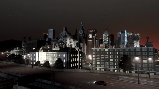 Night view of Gotham skyline with illuminated historic buildings and modern skyscrapers
