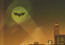Gotham skyline with bat symbol shining over city buildings at night