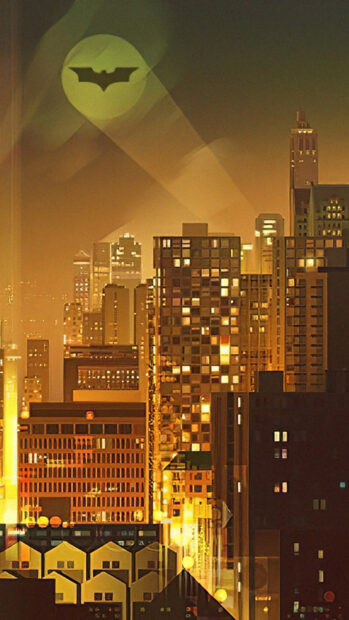 Gotham skyline with bat symbol shining over city buildings at night