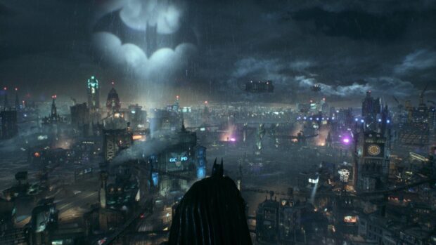 Batman overlooking the Gotham skyline at night with the bat signal shining in the sky