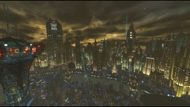 Gotham skyline with glowing lights over a dark cityscape under cloudy skies