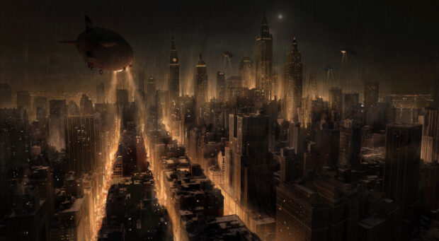 Gotham skyline with illuminated tall buildings and airships flying over the city at night