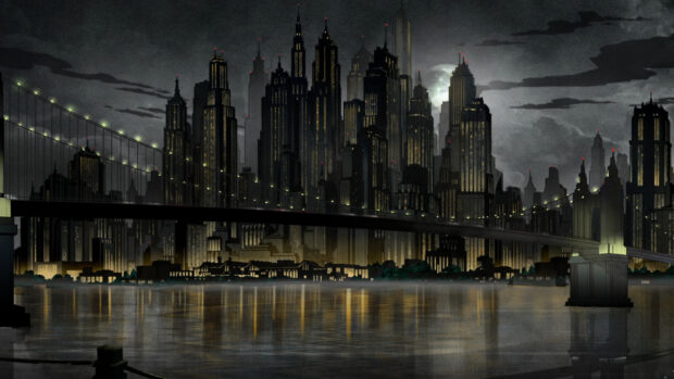 Night view of Gotham city skyline with towering skyscrapers and a lit bridge over the river