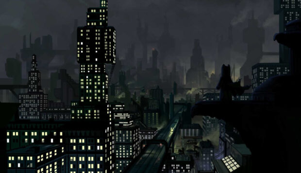 Dark Gotham cityscape with illuminated buildings and a figure overlooking the skyline at night