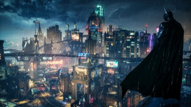 Gotham city skyline with Batman overlooking the cityscape in rain at night