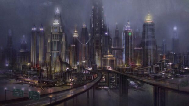 Gotham city skyline with towering buildings and glowing lights at night