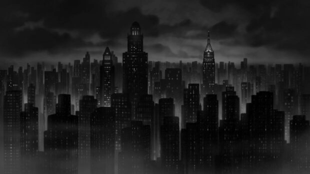 A dark and foggy cityscape featuring the iconic Gotham skyline at night with tall buildings and lit windows