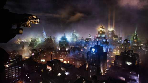 Gotham skyline at night with illuminated buildings and a gargoyle overlooking the cityscape