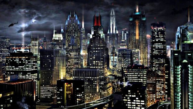 Gotham skyline at night with illuminated skyscrapers and dark cloudy sky