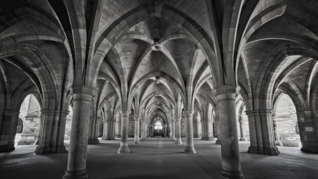 Một góc nhìn đen trắng về kiến ​​trúc Gothic với trần nhà hình vòm và cột đá, Hình nền máy tính 2K