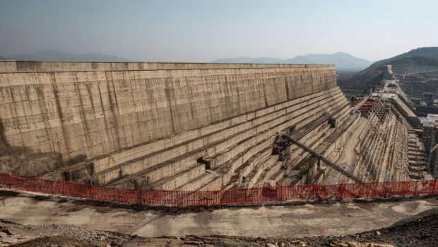 The Ethiopia dam stands large with mountains in the background, HD Desktop Wallpaper