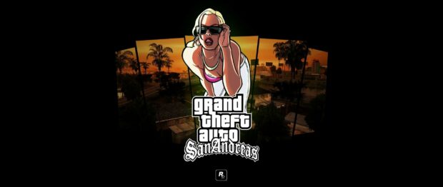 A blonde woman wearing sunglasses featured in Grand Theft Auto San Andreas illustration with a sunset cityscape background
