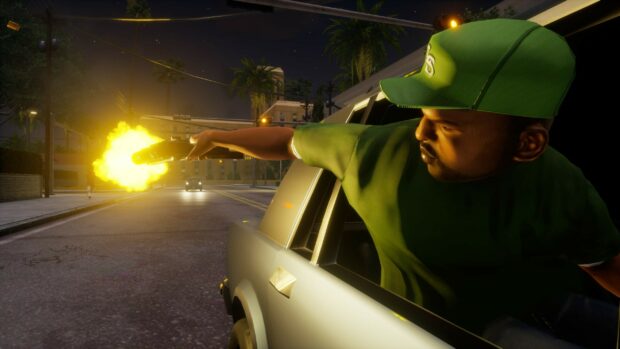 A character from Grand Theft Auto San Andreas shooting a gun while leaning out of a car window at night