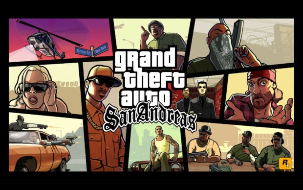 Characters from Grand Theft Auto San Andreas in various action scenes and poses