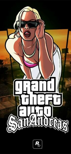 A stylized character from Grand Theft Auto San Andreas wearing sunglasses and posing against a sunset background