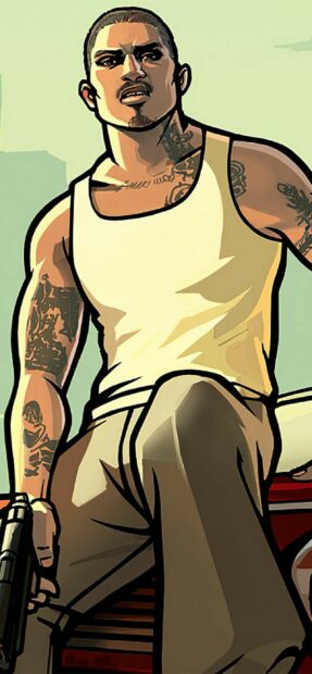 The character from Grand Theft Auto San Andreas is holding a gun with visible tattoos on his arms