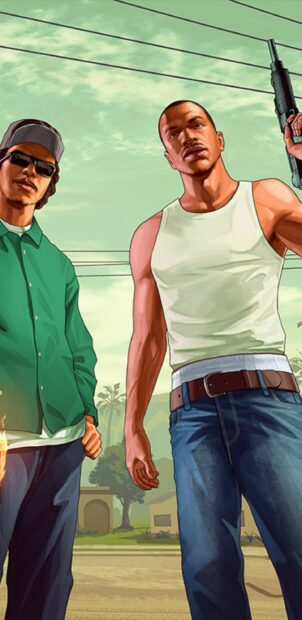 Two characters from Grand Theft Auto San Andreas standing on a street with one holding a weapon
