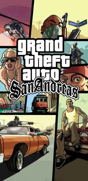 A collage of characters and scenes from Grand Theft Auto San Andreas showing action and urban life