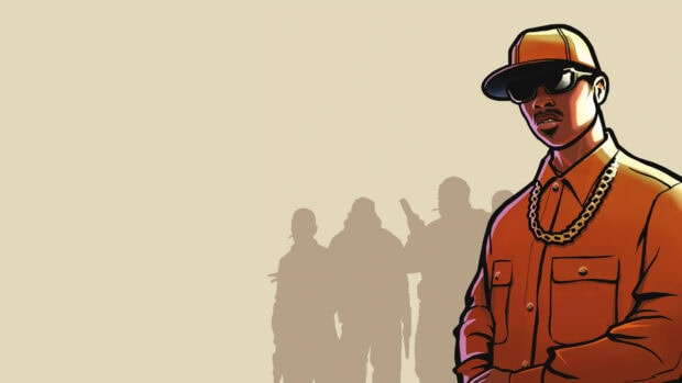 A character from Grand Theft Auto San Andreas wearing sunglasses and a cap in front of silhouetted figures