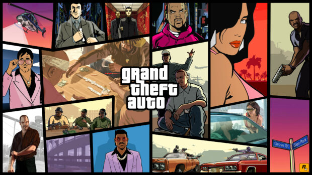 A collage of Grand Theft Auto San Andreas characters and scenes featuring key figures and urban settings