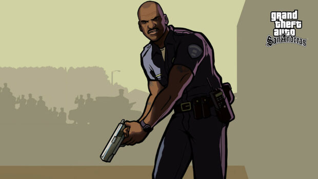 A police officer from Grand Theft Auto San Andreas aiming a handgun in a tense stance